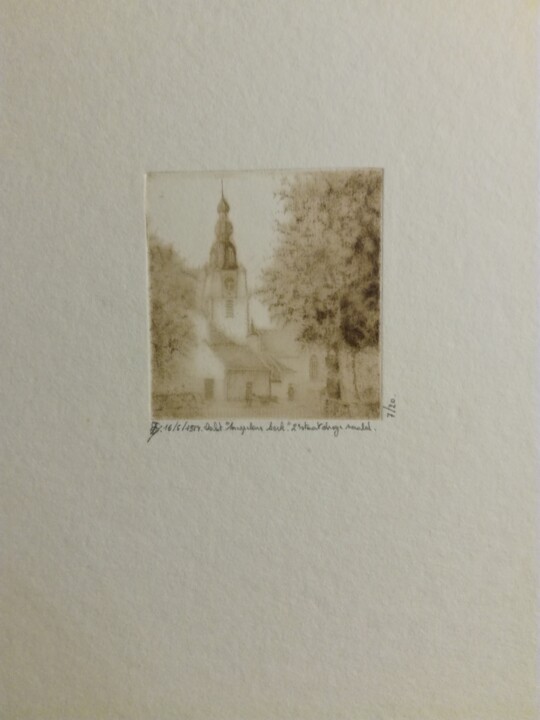 Gravures & estampes intitulée "mespelare-kerk-twee…" par Lucienne Van Sande, Œuvre d'art originale, Gravure