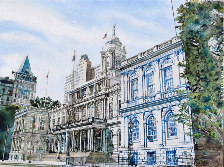 Картина под названием "NY City Hall" - Lucio Forte, Подлинное произведение искусства, Акварель