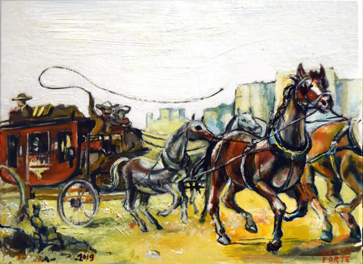 Peinture intitulée "Wild West Stagecoach" par Lucio Forte, Œuvre d'art originale, Huile