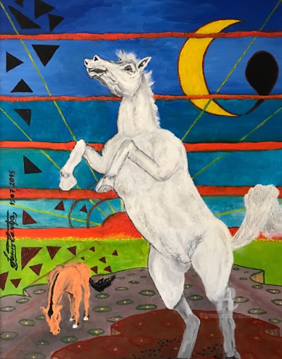 Pittura intitolato "Cavallo sotto la lu…" da L.C., Opera d'arte originale, Olio