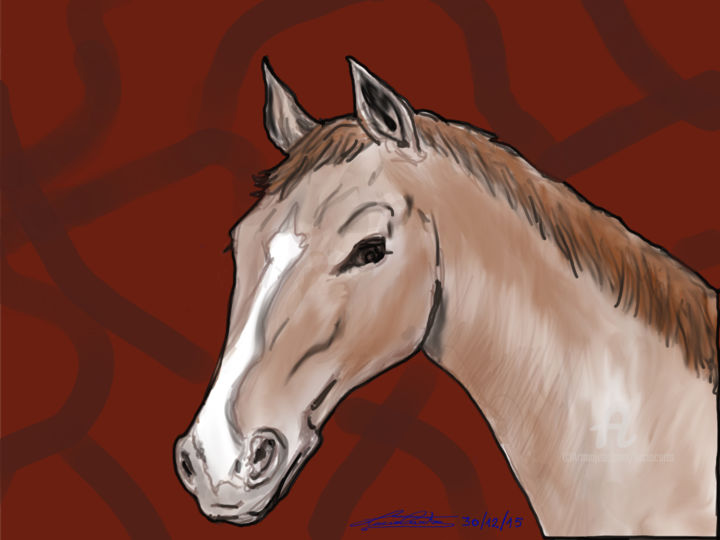 Disegno intitolato "Cavallo su sfondo r…" da L.C., Opera d'arte originale, Pennarello