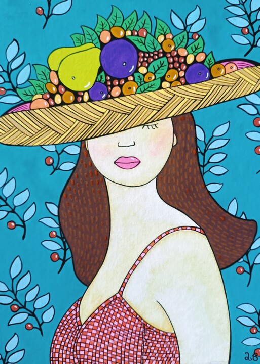 Painting titled "Femme au Chapeau" by Lucrezia Solena, Original Artwork, Gouache Mounted on Glass