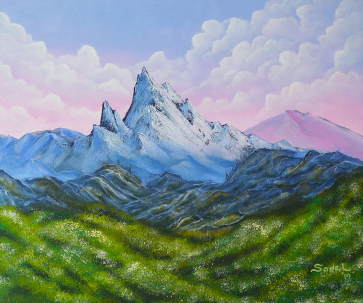 Schilderij getiteld "Mountain Meadow" door Lucy Sodel, Origineel Kunstwerk, Acryl