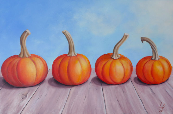 Schilderij getiteld "Pumpkins Talking" door Lucy Sodel, Origineel Kunstwerk, Acryl