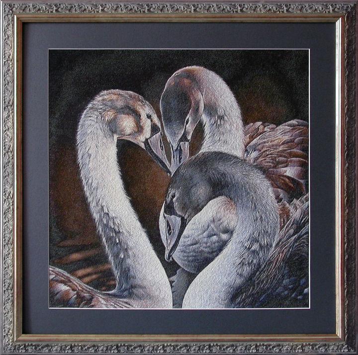 Текстильное искусство под названием "Лебеди" - Вышитые Картины, Подлинное произведение искусства, вышивка