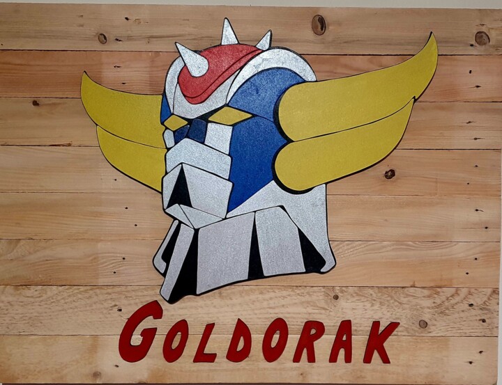 Γλυπτική με τίτλο "Goldorak Go" από Ludovic Latreille, Αυθεντικά έργα τέχνης, Ξύλο Τοποθετήθηκε στο Ξύλινο φορείο σκελετό