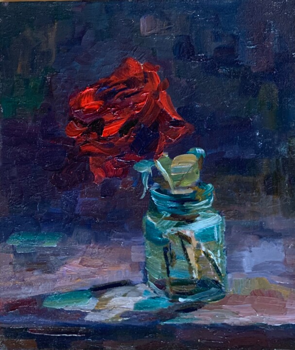 Картина под названием "Роза в банке" - Людмила Чередниченко, Подлинное произведение искусства, Масло
