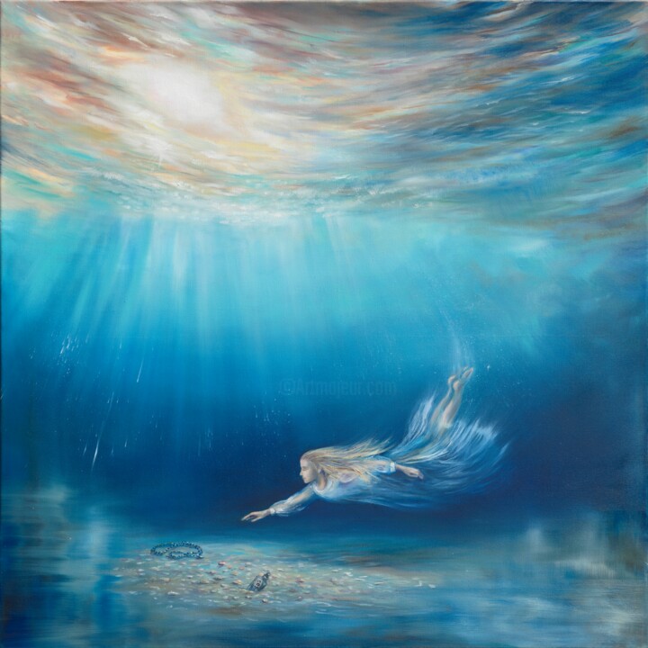 Painting titled "Deep Dive" by Ludmila Gorbunova, Original Artwork, Oil Mounted on Wood Stretcher frame
