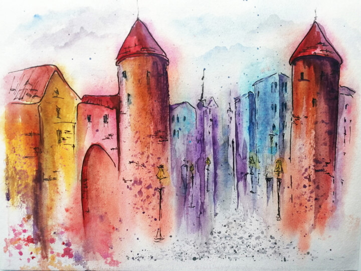 Painting titled "Colorful City" by Ludmila Kolbenova, Original Artwork, Watercolor
