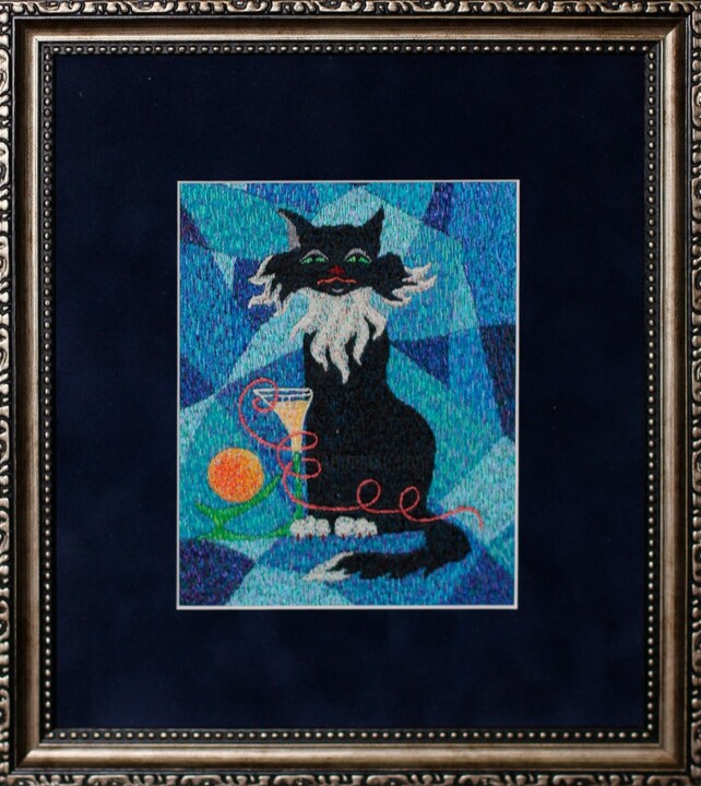 Schilderij getiteld "Embroidery The Cat…" door Ludmila Korets, Origineel Kunstwerk, Borduurwerk Gemonteerd op Karton