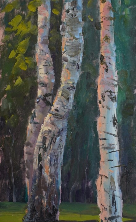 Painting titled "Evenings Birches" by Liudmila Kylych, Original Artwork, Oil