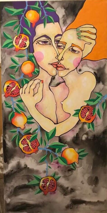 Painting titled "Pomegranate" by Ludmila Tokin, Original Artwork, Acrylic Mounted on Wood Panel