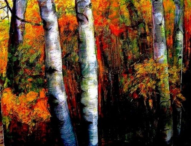 Schilderij getiteld "Forêt  en feux d'au…" door Ludmila Constant, Origineel Kunstwerk, Olie