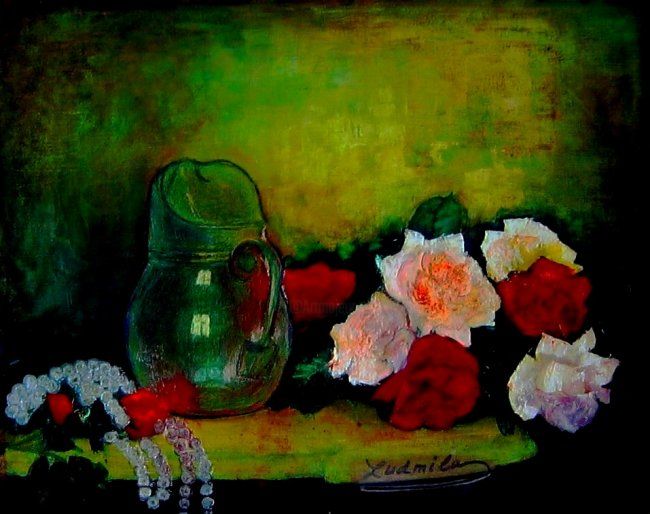 Painting titled "Roses pour Magda" by Ludmila Constant, Original Artwork, Oil