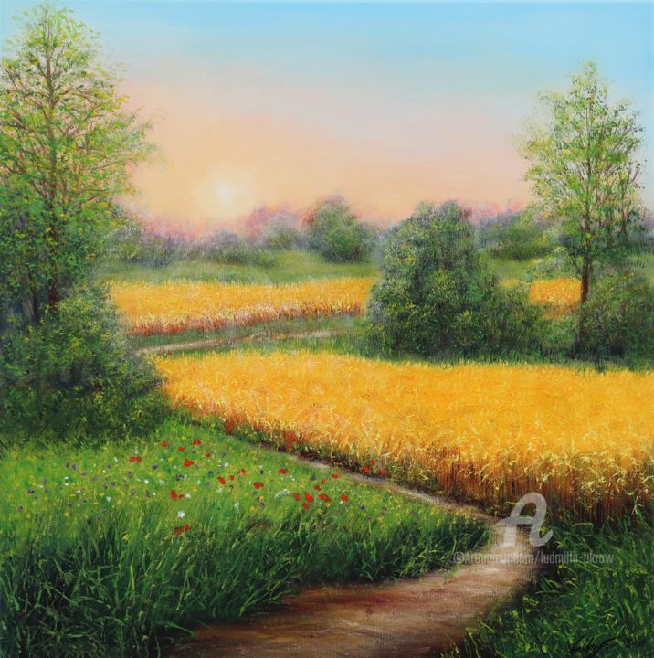 Картина под названием "Wheat field in summ…" - Ludmilla Ukrow, Подлинное произведение искусства, Масло