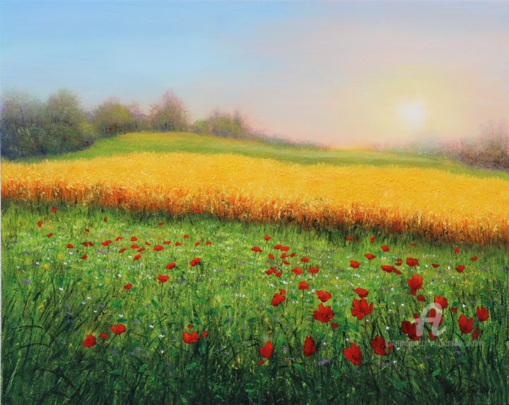 Malerei mit dem Titel "Wheat field in summ…" von Ludmilla Ukrow, Original-Kunstwerk, Öl