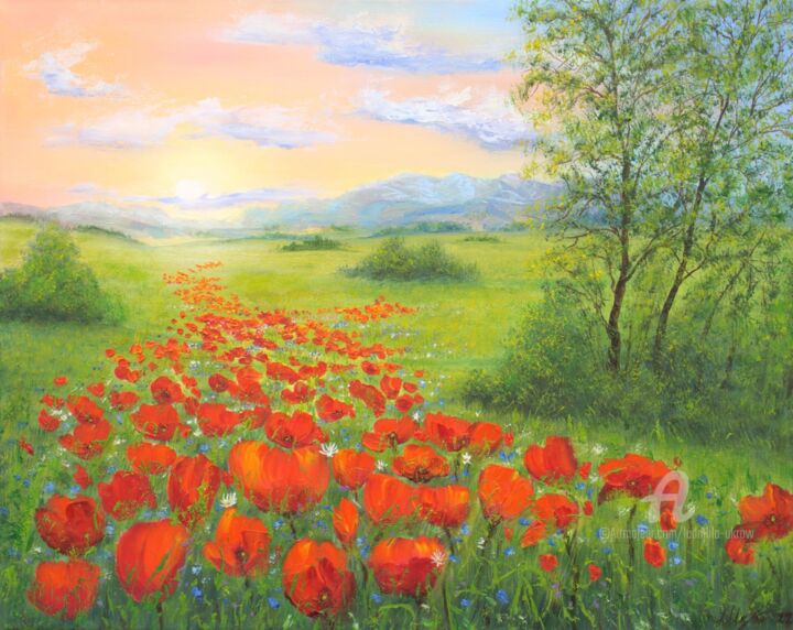 Schilderij getiteld "Sunrise in a poppy…" door Ludmilla Ukrow, Origineel Kunstwerk, Olie