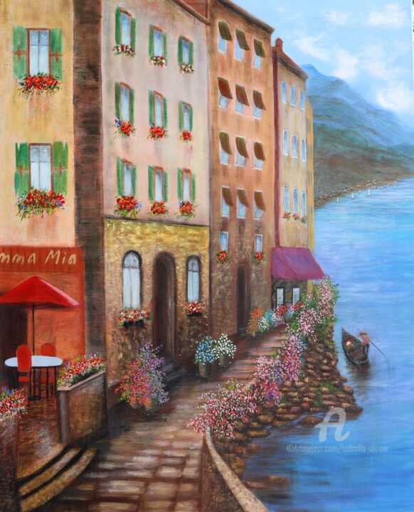Painting titled "Italian cafe" by Ludmilla Ukrow, Original Artwork, Oil