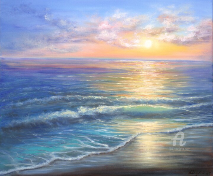 Painting titled "Ocean sunset" by Ludmilla Ukrow, Original Artwork, Oil