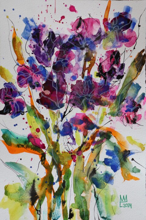 Malerei mit dem Titel "Expressive Blumen i…" von Ludmilla Wingelmaier, Original-Kunstwerk, Aquarell