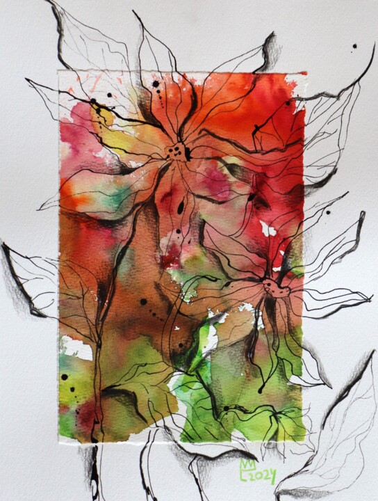 Schilderij getiteld "5 Expressive Blumen…" door Ludmilla Wingelmaier, Origineel Kunstwerk, Aquarel
