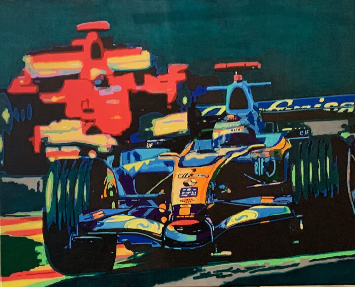 Schilderij getiteld "F1 Fernando Alonso" door Ludo Knaepkens, Origineel Kunstwerk, Acryl