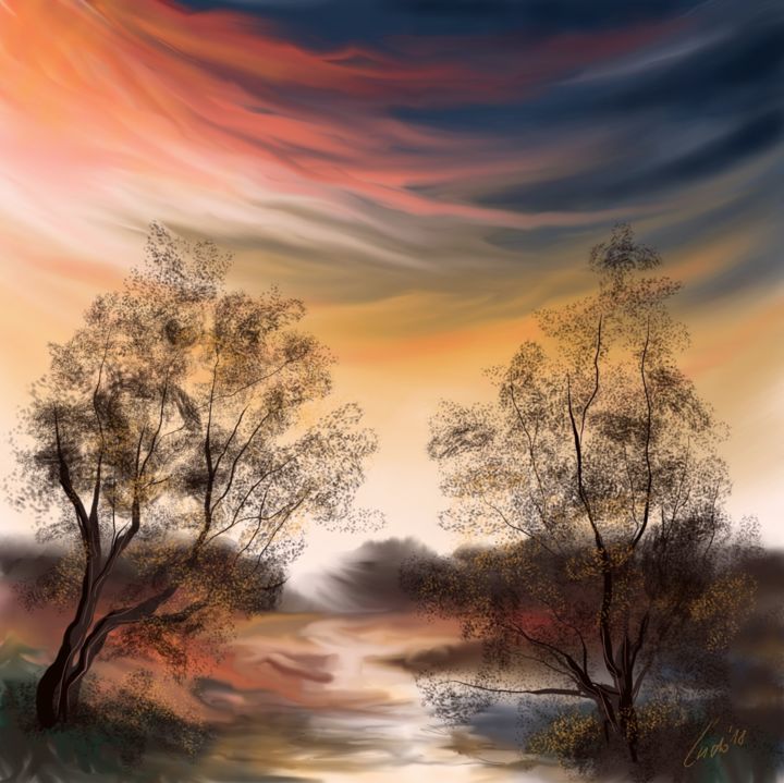 Digital Arts titled "sunset-in-our-count…" by Ludo Sevcik, Original Artwork, Digital Painting