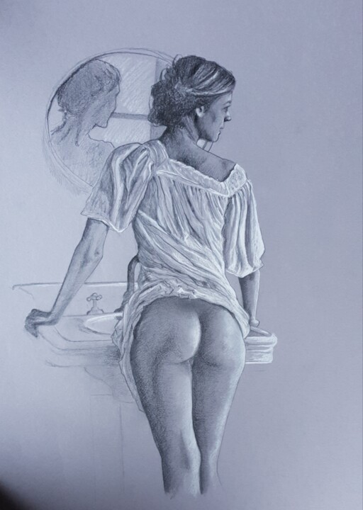 Drawing titled "La femme au lavabo" by Ludovic Perrenoud, Original Artwork, Pencil