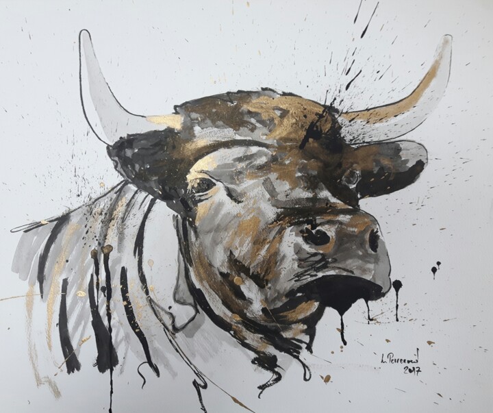 Dessin intitulée "vache-or.jpg" par Ludovic Perrenoud, Œuvre d'art originale, Encre