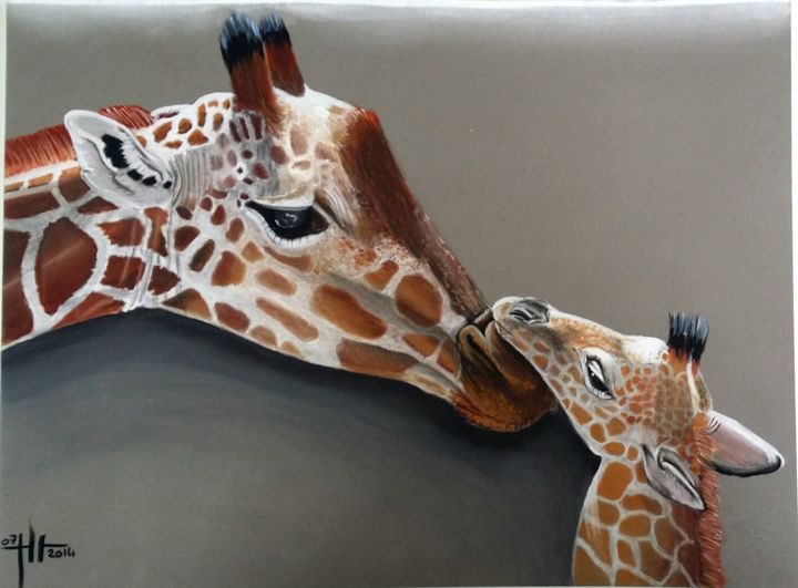 Drawing titled "Girafe de Savane" by Ludovic Robine, Original Artwork, Pastel
