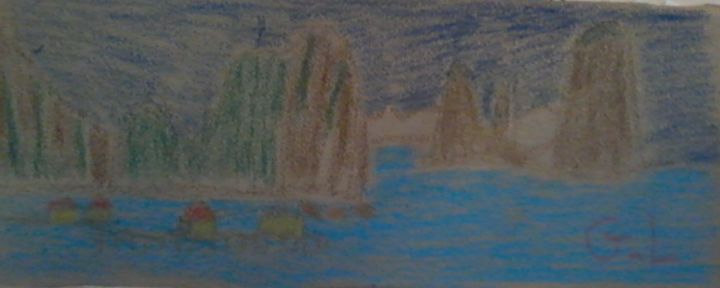 Disegno intitolato "la baie d'halong" da Ludovic Grumel, Opera d'arte originale, Matite colorate