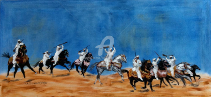 Malerei mit dem Titel "Fantasia in der Wüs…" von Luethi Alias Abdelghafar, Original-Kunstwerk, Öl Auf Keilrahmen aus Holz mo…
