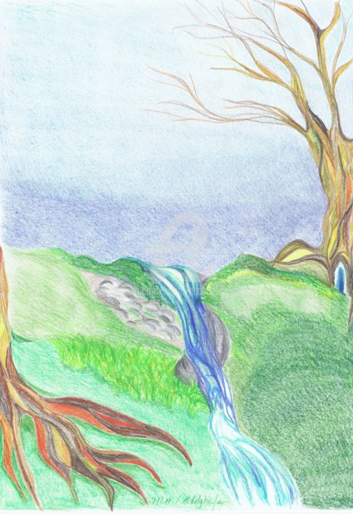 Disegno intitolato "Fantasielandschaft" da Luethi Alias Abdelghafar, Opera d'arte originale, Matite colorate