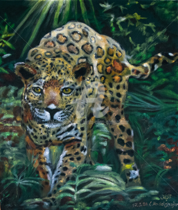 绘画 标题为“Jaguar im Dschungel” 由Luethi Alias Abdelghafar, 原创艺术品, 油 安装在木质担架架上