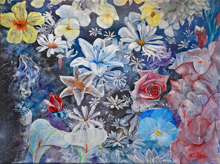Painting titled "In a floral chaos" by Luigi Cataldi, Original Artwork, Oil