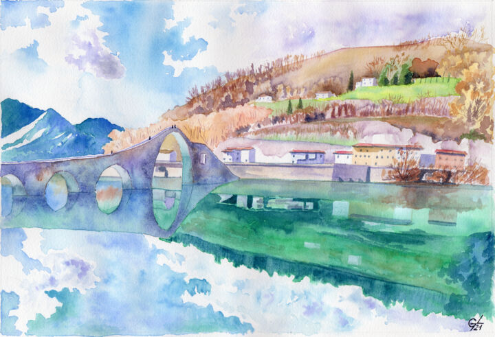 Painting titled "Ponte della Maddale…" by Luigi Giammattei, Original Artwork, Watercolor