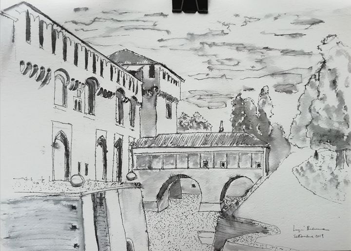 Painting titled "Castello sforzesco…" by Luigi Brenna, Original Artwork, Ink