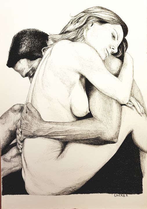 Dibujo titulada "a warm embrace" por Lacasa, Obra de arte original, Tinta