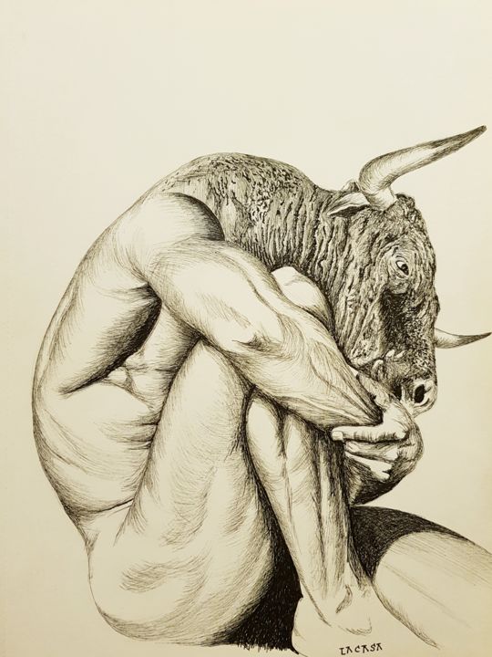 Drawing titled "Minotaure" by Lacasa, Original Artwork, Ink