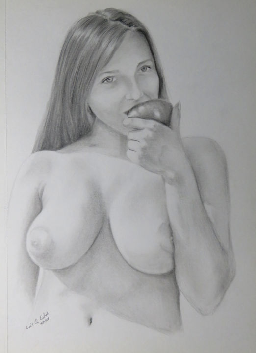 Dibujo titulada "woman-eating-an-app…" por Lacasa, Obra de arte original, Grafito