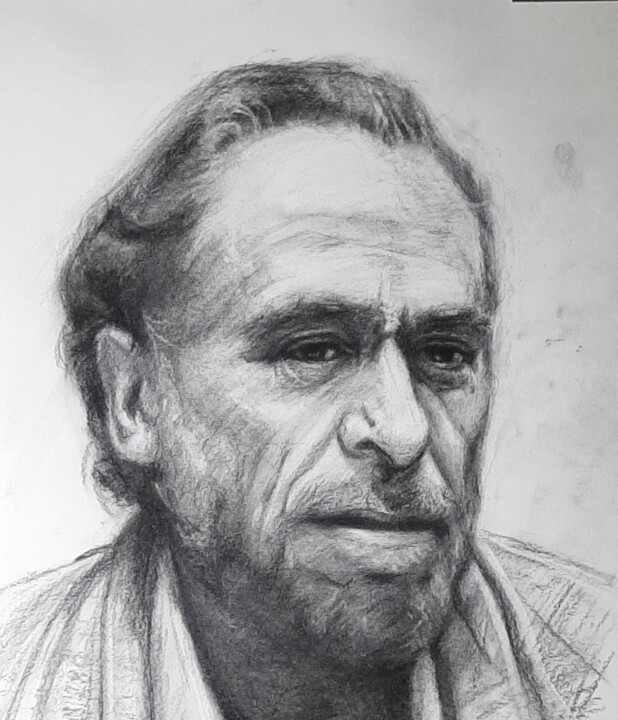 Drawing titled "Charles Bukowski" by Filipe Carvalho, Original Artwork, Charcoal