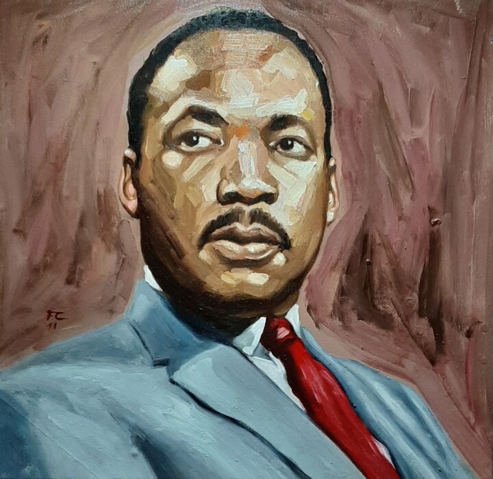 Painting titled "Martin Luther King" by Filipe Carvalho, Original Artwork, Oil Mounted on Wood Stretcher frame