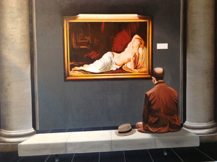 Painting titled "Pensando en el museo" by Luis Guinea (Luison), Original Artwork, Oil Mounted on Wood Stretcher frame
