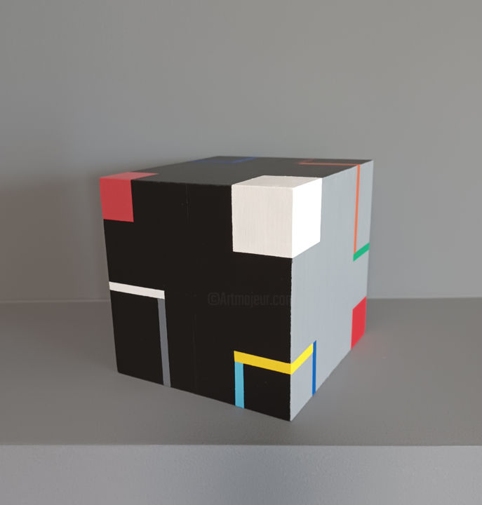 Skulptur mit dem Titel "Cube J" von Luis Medina, Original-Kunstwerk, Holz