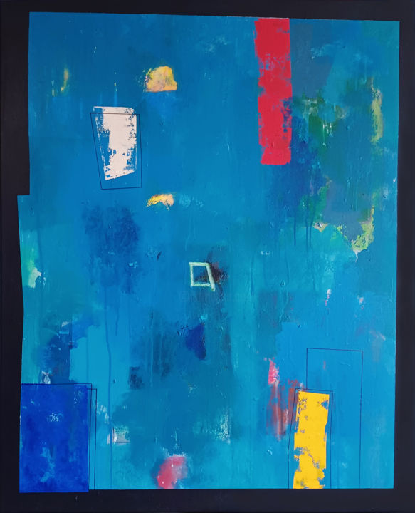 Painting titled "Blue composition II" by Luis Medina, Original Artwork, Acrylic Mounted on Wood Stretcher frame