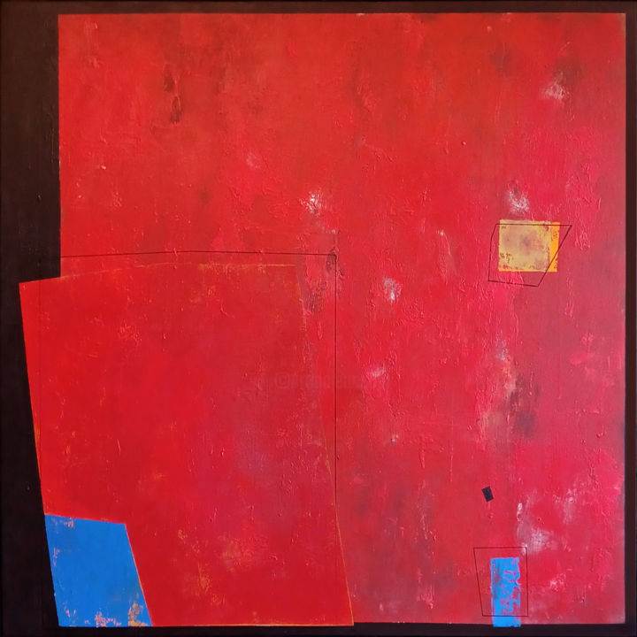 Schilderij getiteld "Red composition II" door Luis Medina, Origineel Kunstwerk, Acryl Gemonteerd op Frame voor houten branca…