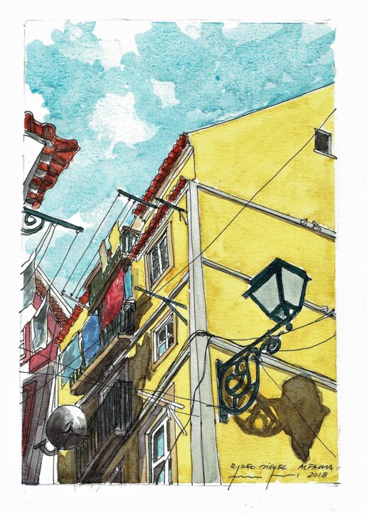 Gravures & estampes intitulée "Rua de São Miguel e…" par Luís Jesus, Œuvre d'art originale, Aquarelle