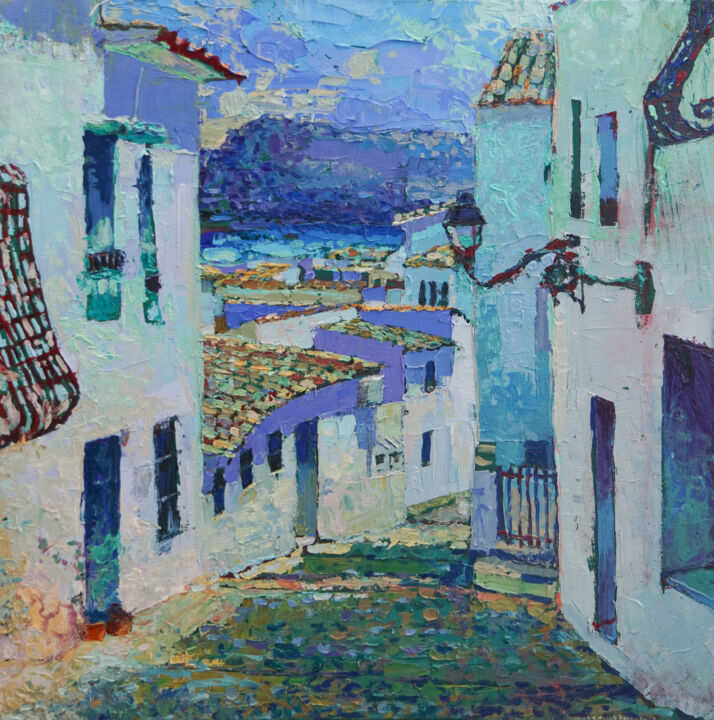 Painting titled "Altea. Old town" by Luis Rincon, Original Artwork, Oil Mounted on Wood Stretcher frame