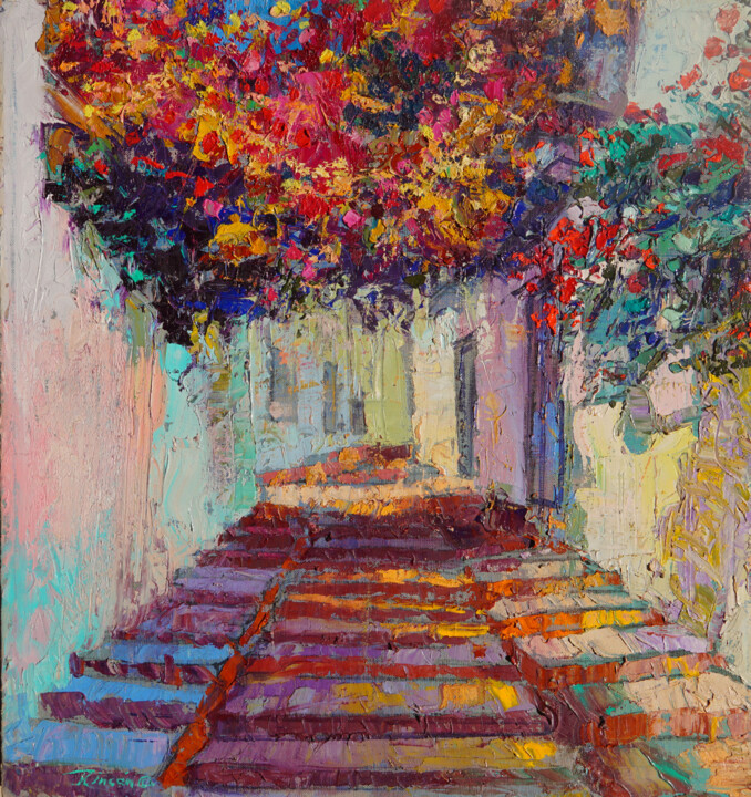 Painting titled "Buganvilla" by Luis Rincon, Original Artwork, Oil