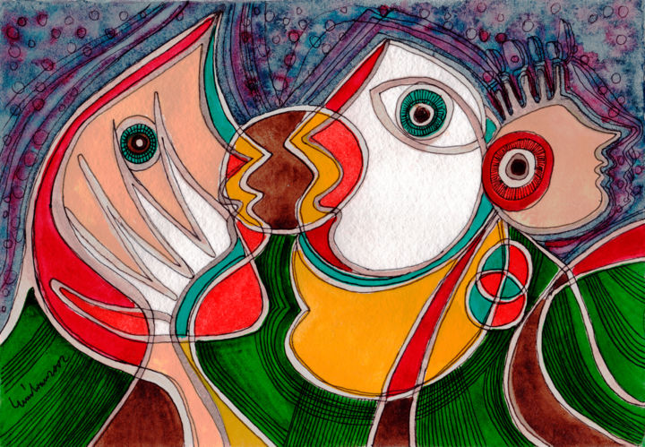 Painting titled "Caricias" by Luís Soares, Original Artwork, Watercolor